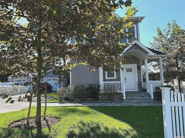 view of front of property with a garage, an outdoor structure, and a front lawn