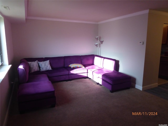 carpeted living room with ornamental molding