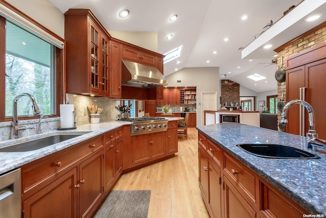 kitchen with lofted ceiling with skylight, sink, stainless steel appliances, and light hardwood / wood-style floors