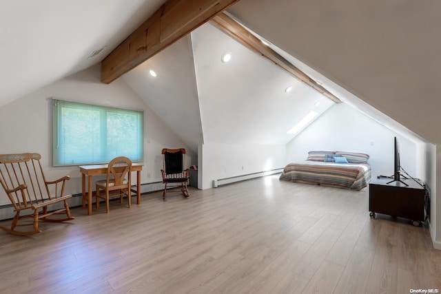 bedroom featuring lofted ceiling with beams, light hardwood / wood-style flooring, and a baseboard heating unit