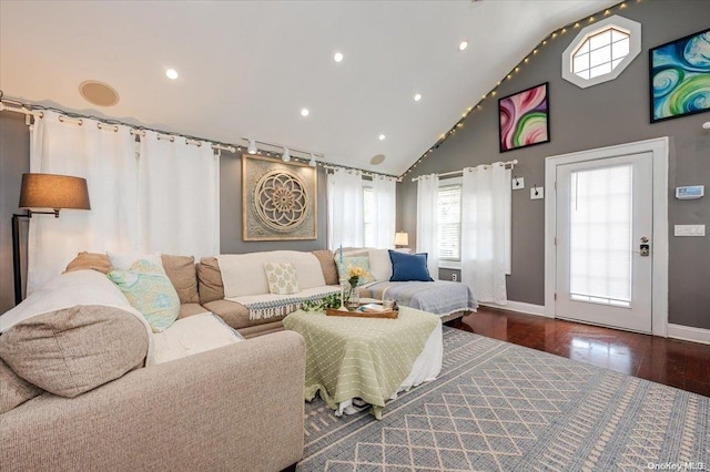 living room with dark hardwood / wood-style flooring and high vaulted ceiling