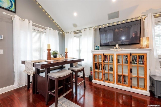 dining space featuring lofted ceiling, a wealth of natural light, and dark wood-type flooring