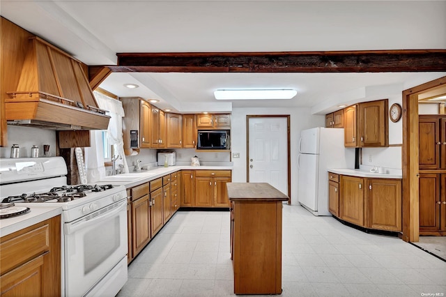 kitchen featuring a kitchen island, sink, white appliances, and custom range hood