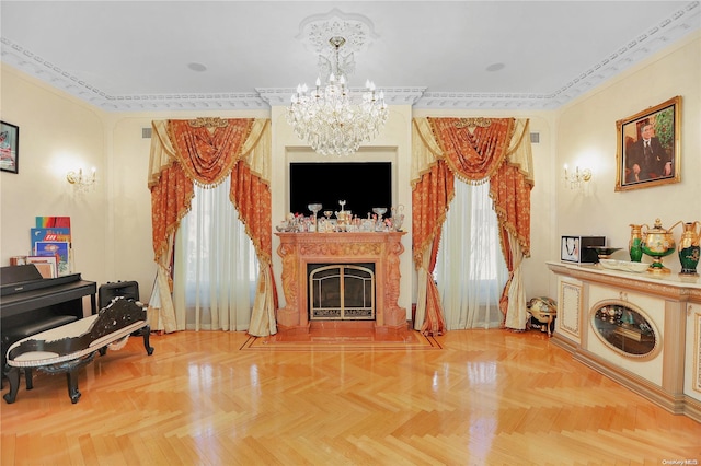 interior space featuring plenty of natural light, ornamental molding, and parquet flooring