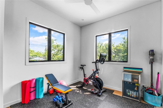 exercise room featuring ceiling fan and a healthy amount of sunlight