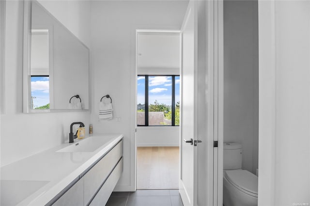 bathroom with tile patterned flooring, vanity, a healthy amount of sunlight, and toilet