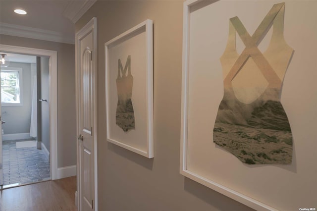 hallway featuring ornamental molding and hardwood / wood-style floors