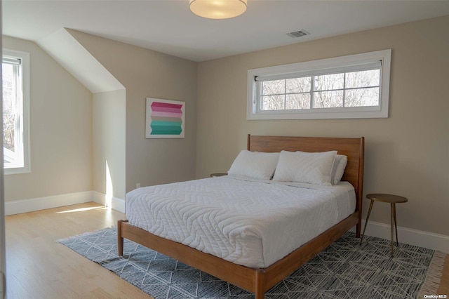 bedroom featuring wood-type flooring and multiple windows