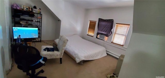 bedroom featuring carpet flooring, cooling unit, lofted ceiling, and a baseboard radiator