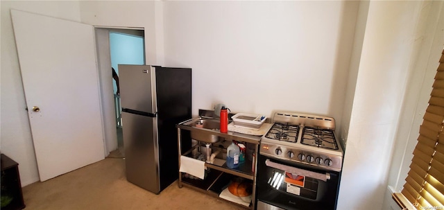 kitchen featuring light colored carpet and appliances with stainless steel finishes