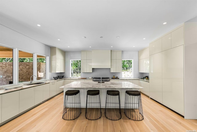 kitchen featuring a center island, premium range hood, light hardwood / wood-style flooring, and sink