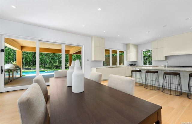 dining room with light hardwood / wood-style flooring and sink