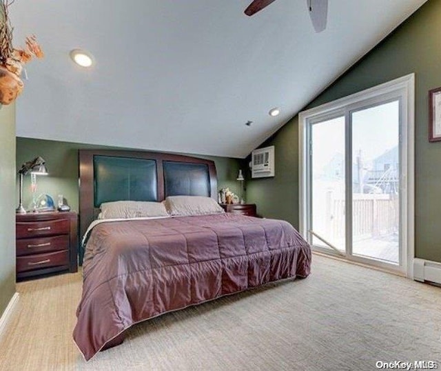 carpeted bedroom with a wall mounted air conditioner, ceiling fan, access to exterior, and lofted ceiling