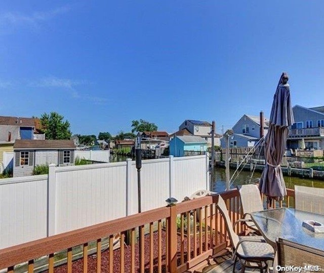 deck featuring a boat dock and a water view