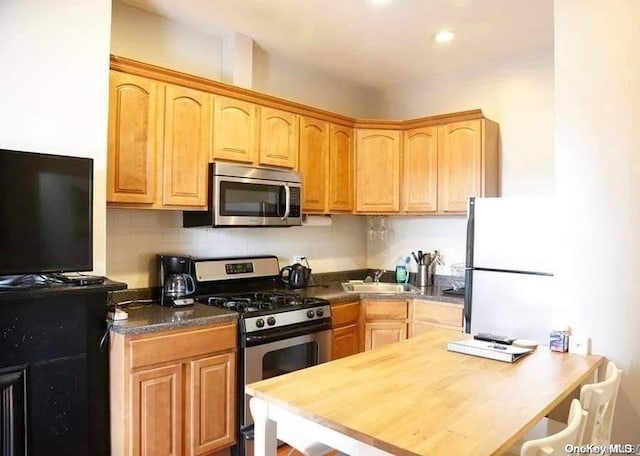 kitchen featuring tasteful backsplash, butcher block counters, sink, and stainless steel appliances