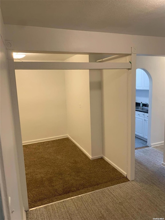 interior space featuring dark carpet and sink