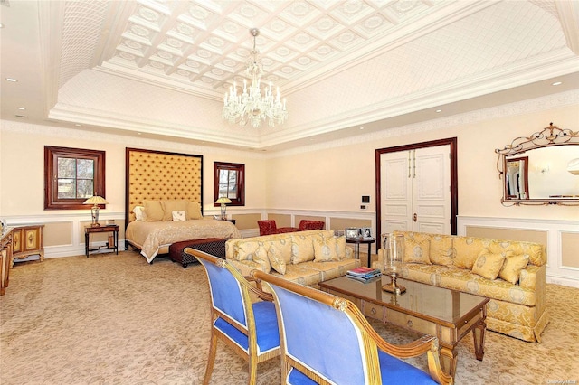 bedroom featuring carpet, a raised ceiling, and crown molding