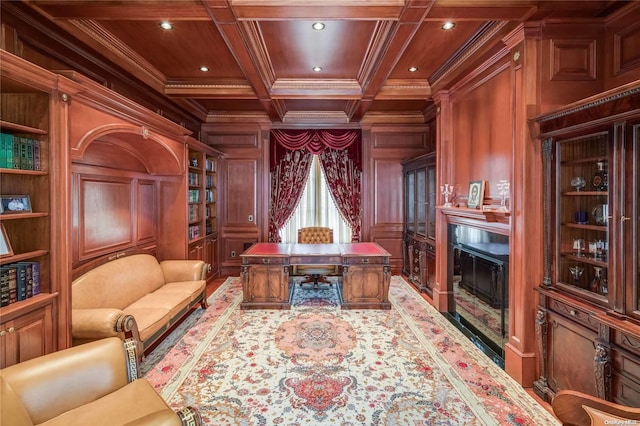 office with beam ceiling, wood walls, crown molding, and coffered ceiling