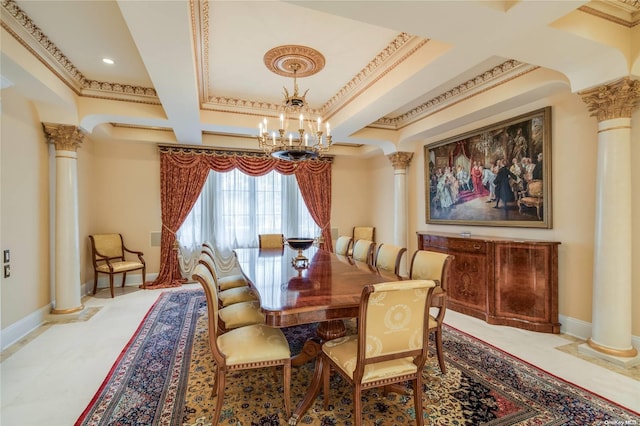 dining room with coffered ceiling, beamed ceiling, decorative columns, crown molding, and a chandelier