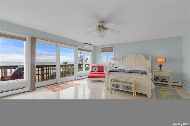 bedroom with multiple windows, ceiling fan, access to outside, and a wall mounted AC