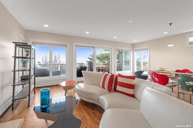 living room featuring a wealth of natural light and light wood-type flooring