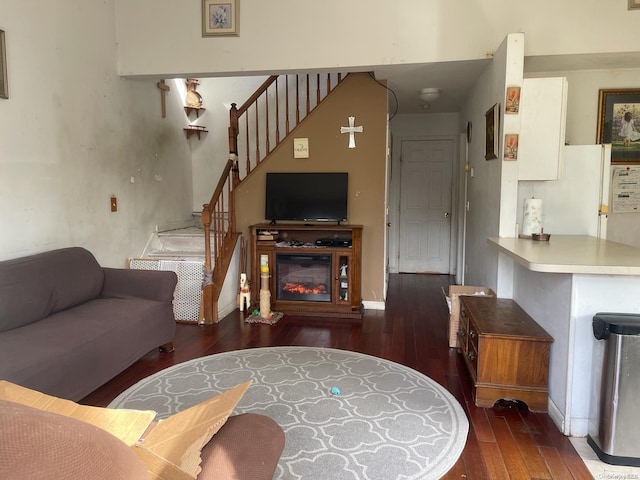 living room featuring dark wood-type flooring