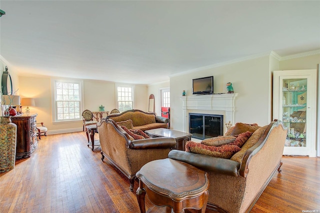 living room with ornamental molding and hardwood / wood-style flooring