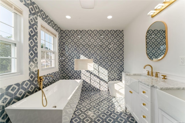 bathroom with vanity, toilet, a wealth of natural light, and a bathing tub