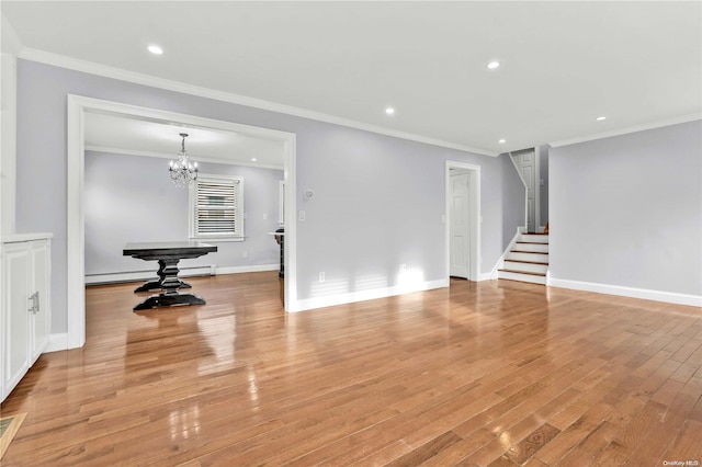 living room with a baseboard heating unit, light wood-type flooring, an inviting chandelier, and crown molding