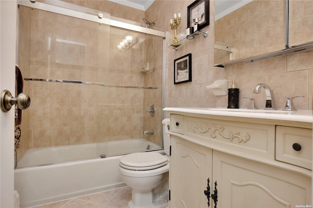 full bathroom featuring enclosed tub / shower combo, tile patterned floors, backsplash, crown molding, and tile walls