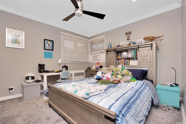 carpeted bedroom featuring ceiling fan, cooling unit, ornamental molding, and radiator heating unit