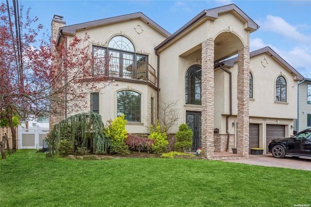 view of front of property featuring a balcony, a front lawn, and a garage