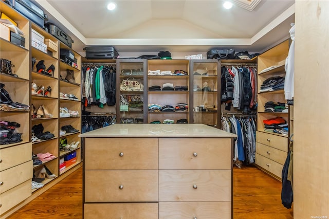 spacious closet featuring lofted ceiling and dark wood-type flooring