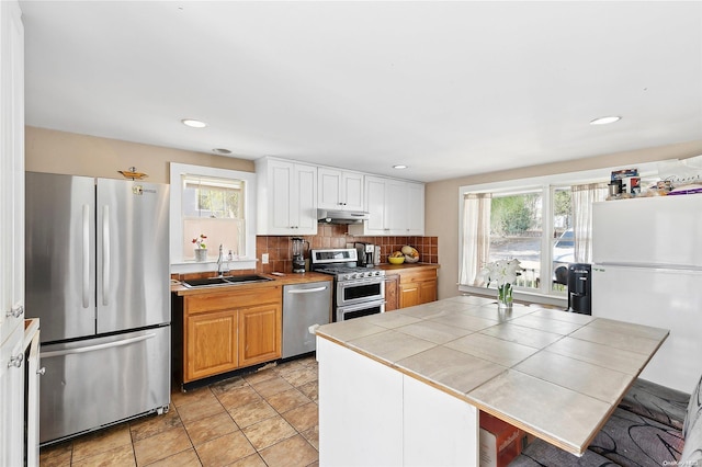 kitchen featuring backsplash, stainless steel appliances, sink, white cabinetry, and tile counters