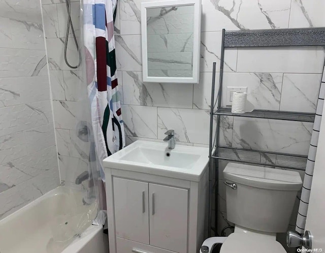 full bathroom featuring vanity, toilet, tile walls, and shower / tub combo with curtain