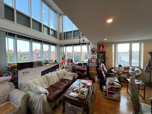 living room with plenty of natural light and hardwood / wood-style floors