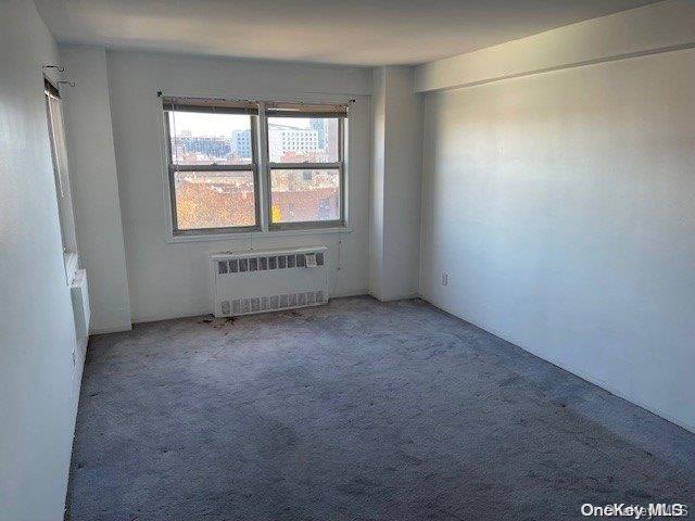 unfurnished room featuring carpet flooring and radiator heating unit