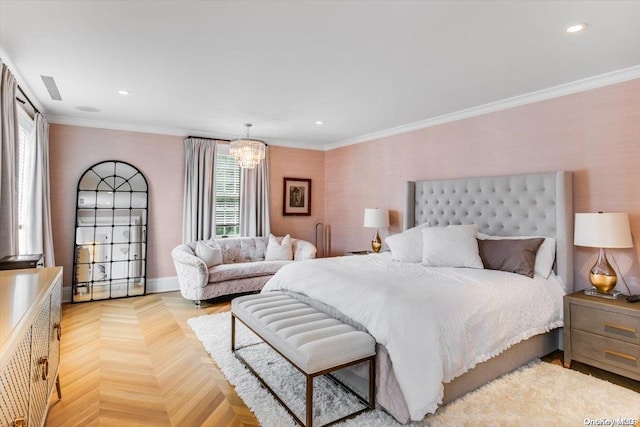 bedroom with an inviting chandelier, light parquet floors, and ornamental molding