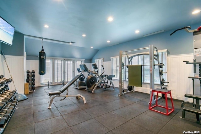 exercise room featuring lofted ceiling and a healthy amount of sunlight