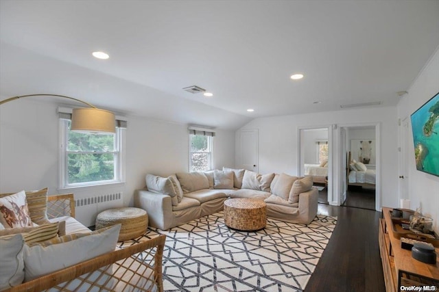 living room with radiator heating unit, lofted ceiling, and wood-type flooring