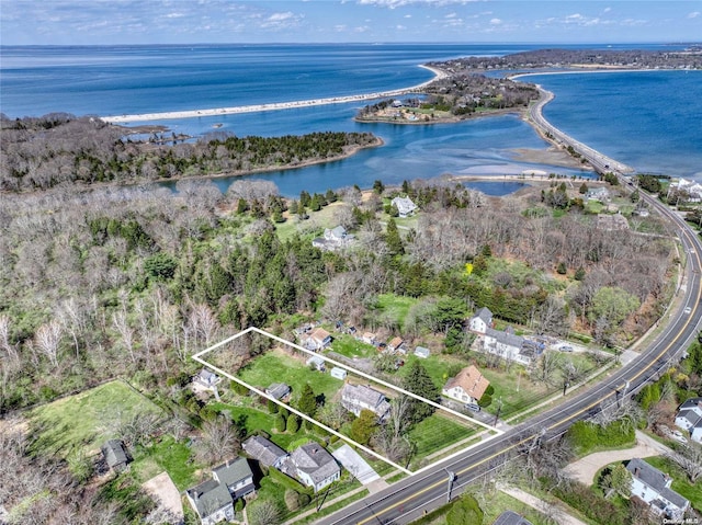 12115 Main Rd, East Marion, NY 11939 - aerial view of property and surrounding area with property boundaries highlighted and a nearby body of water