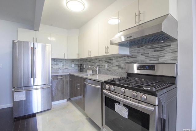 kitchen with sink, white cabinetry, backsplash, and appliances with stainless steel finishes