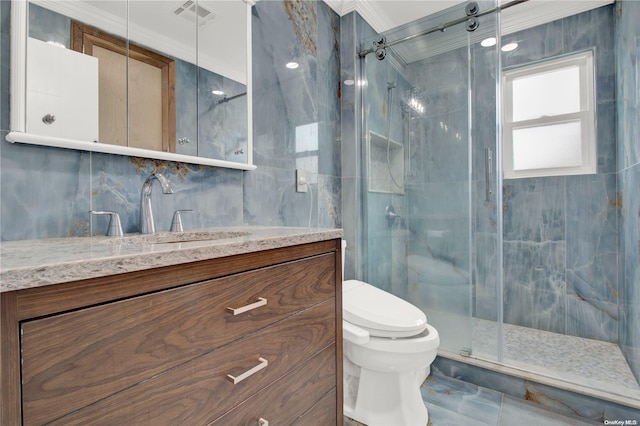 bathroom with tasteful backsplash, walk in shower, ornamental molding, vanity, and toilet