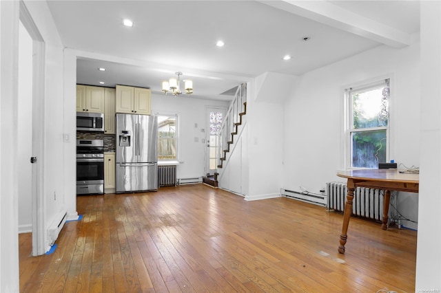 interior space with backsplash, light hardwood / wood-style floors, radiator heating unit, and stainless steel appliances