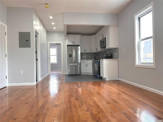 kitchen with light hardwood / wood-style floors, white cabinetry, stainless steel appliances, and electric panel