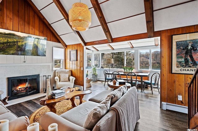 living room with a baseboard radiator, plenty of natural light, wooden walls, and dark hardwood / wood-style floors