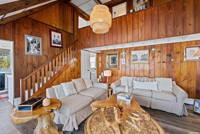 living room featuring beamed ceiling, high vaulted ceiling, dark hardwood / wood-style flooring, and wooden walls