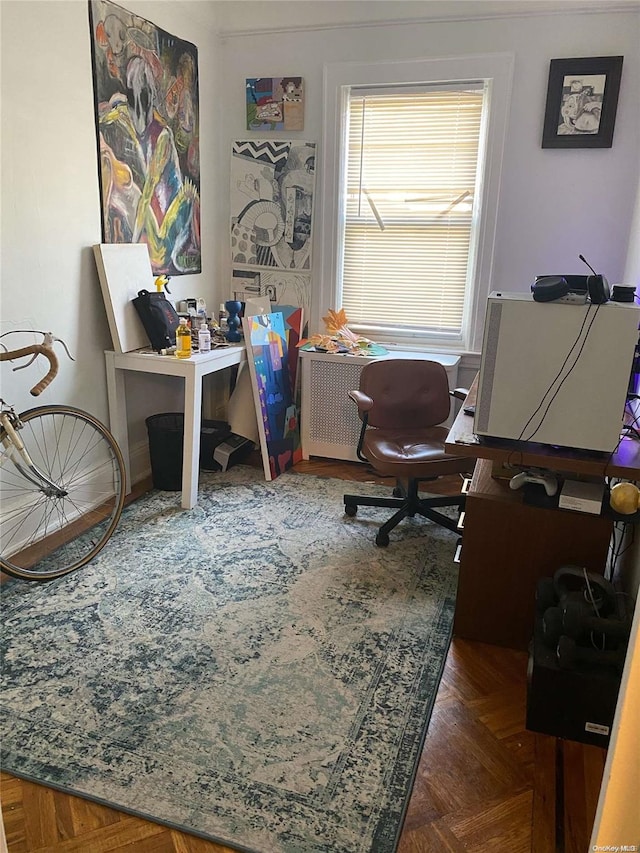 office area featuring dark parquet flooring