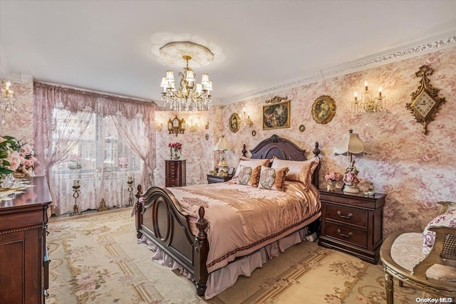 bedroom featuring an inviting chandelier and crown molding