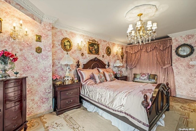 bedroom with a chandelier and ornamental molding